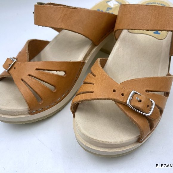 Tessa Clogs of Vail 6.5 M Tan Brown Leather Wood Sandals Made in Sweden EU 37 - Picture 3 of 13